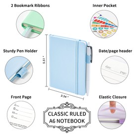 feela 3 Pack Pocket Small Notebook Journals, Mini Cute Hardcover College Ruled Notepad Women Office Supplies, with 3 Black Pens, 3.5”x 5.5”, A6, Pastel Colors, Light Blue, Light Purple, Light Green