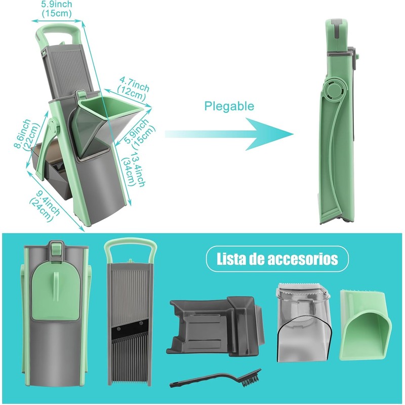 Cortador de Verduras, Acero Inoxidable + ABS, Grosor Ajustable, Verde