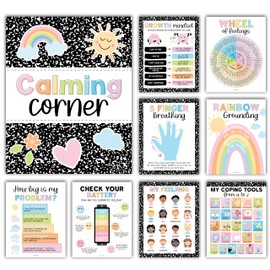 Hadley Designs 9 Calming Corner Posters For Classroom Must Haves For Teachers - 11x14 Calm Down Corner Supplies, Feelings Chart For Kids Ages 4-8, Feelings Wheel Poster, Pastel Classroom Decor