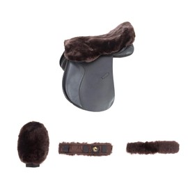 Merauno® Lambswool Riding Gifts Set of 4-1x Lambswool Saddle Seat Cover, 1x Lambskin Neck Protector (32 x 5 cm and 28 x 5 cm), 1x Lambswool Cleaning Glove Made of Merino Lambswool, Colour: Natural