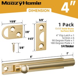 MaozyHomie 4 Inch Solid Brass Surface Bolt, Heavy Duty Concealed Slide Surface Door Bolt, Slide Bolt Latch French Door Lock with Screws for Windows Cabinet Wooden Fence Yard, Brushed Gold, 1 Pack