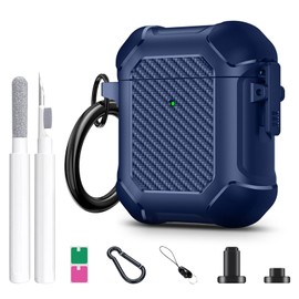 Maxjoy Compatible with AirPods 2nd Generation Case Cover with Cleaner Kit, Military Hard Shell Protective Armor with Lock for AirPod Gen 1&2 Charging Case, Front LED Visible,Blue