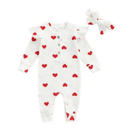 ZZLBUF Newborn Baby Clothes Infant Girl Cute Heart Ruffle Button Romper Jumpsuit Headband Valentine's Day Outfits Sets (White, 6-12 Months)