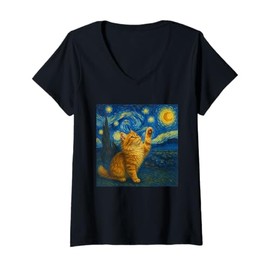 Womens Cat Starry Night Van Gogh Gift Maine Coon Cat Mom V-Neck T-Shirt