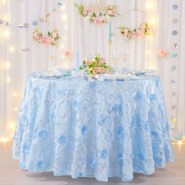 Fanqisi Blue Round Tablecloth 3D Rosette Sequin Satin Table Cloths 90 Inch Spring Table Cover for Wedding Anniversary Outdoor Ceremony Birthday Party Decorations