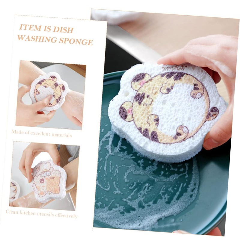 KOMBIUDA 4pcs Cartoon Animals Kitchen Cleaning Sponge Wood Pulp Dish