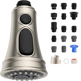Hibbent Kitchen Faucet Head Replacement, NSF/ANSI/CAN 61 & CUPC Certified, 3 Function Pull Down Faucet Spray Nozzle-15 Adapters Compatible with Moen, American Standard, Delta, Kohler - Brushed Nickel