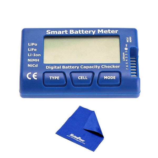 Maximalpower medidor de batería 5 en 1, medidor de celda Inteligente, comprobador de batería Digital para LiPo, LiFePO4, Li-Ion/NiCd/NiMH Paquetes de baterías con paño de Microfibra Gratis