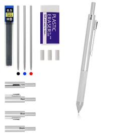 RANBOS 4-in-1 Four-Color Multifunctional Pen, Black/Red/Blue Ballpoint Pen and 0.5mm Mechanical Pencil, Metal Case Pen, Great Gift for Friends, Loved Ones (Silver)