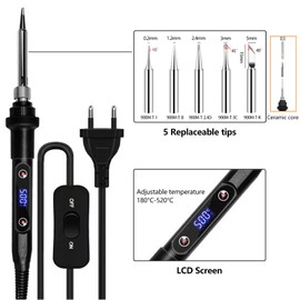 Soldering Iron Set, 80 W LCD Soldering Iron with Adjustable Temperature 180-520 °C, On/Off Switch, 5 Interchangeable Tips for Soldering, Desoldering Pump, Soldering Iron Stand, Tweezers, Soldering Set