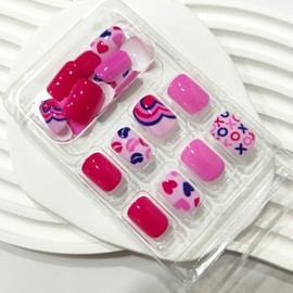Valentines Press on Nails Short Square Fake Nails with XO Lips Heart Designs Pink Glue on Nails Cute Nails Press ons Full Cover Stick on Nails Artificial False Nails for Women Girls 24Pcs