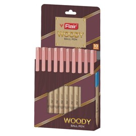 FLAIR Woody Ball Pen Wallet Pack | 0.7 mm Tip Size | Attractive Woody Design | Smooth Ink Flow System With Low-Viscosity Ink | Smudge Free Writing | Red Ink, Set Of 10 Pens