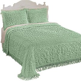 Collections Etc Calista Chenille Lightweight Bedspread with Fringe Border, Sage, Full