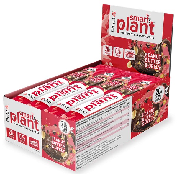 PhD Smart Plant Hight Protein Bar Low Sugar, Vegan Protein Bars/Protein Snack, Peanut Butter and Jelly Flavour, 20g of Plant Protein, 64g Bar (12 Pack)