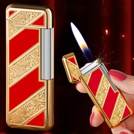 OHVVGN Open Flame Lighter, Adjustable Retro Butane Flame Lighter, Slide Ignition, Gold Red