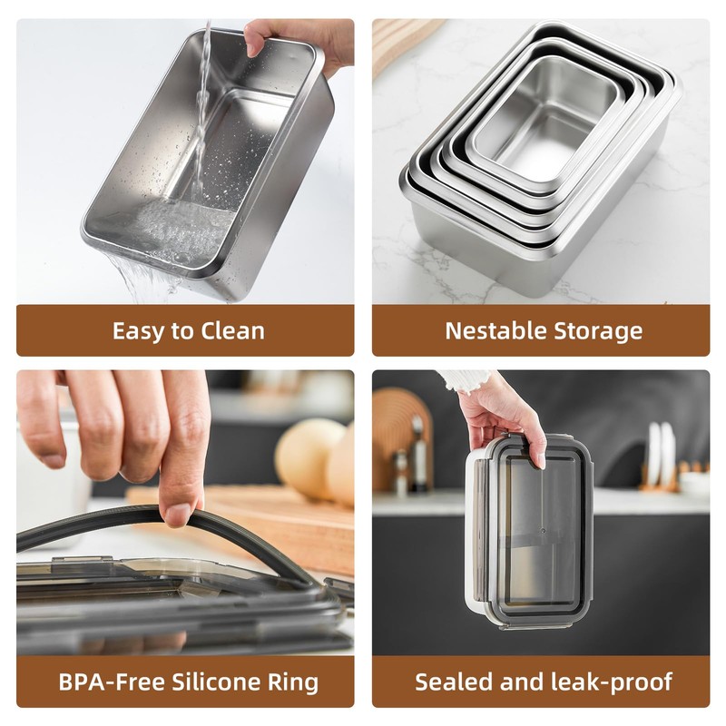MAXCOOK 18/10 Stainless Steel Freezer Storage Containers With Lids, 47oz