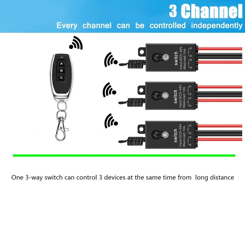 Meskliu 12v Mini Remote Control Switch,3 Way Wireless Lights Switch