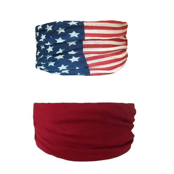 Headbands for a Cause - American Flag & Burgundy Tube Turban Set For Women - Fashion Hair Accessories Great for Sports, Hiking, and Casual Wear - Adjustable, Non-Slip Elastic - Headbands of Hope