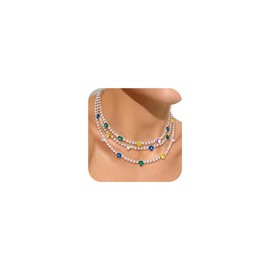 Flyonce Tassel Chain Crystal Layered Choker Necklaces, Fashion Heart Statement 3 Strand Collar Necklace with Stud Earrings Costume Jewelry Gifts for Women