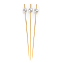 BambooMN 5.9" Decorative Pearl End Cocktail Fruit Sandwich Picks Skewers for Catered Events, Holiday's, Restaurants or Buffets Party Supplies - 100pcs, White