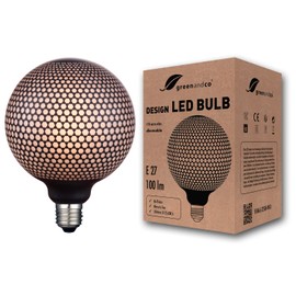 greenandco® Vintage Design LED Lamp Black Patterned (Hexagons) Dimmable E27 G125 4W 100lm 1800K Extra Warm White for Mood Lighting Flicker-Free 300° 230 V