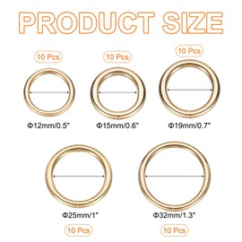 sourcing map 50 Pcs O Ring Buckle 0.5"/0.6"/0.7"/1"/1.3" ID 2mm/3.8mm Thickness Zinc Alloy Opening O-Rings Clasp Clips for Crafts Keyrings Bags Straps Belts DIY Accessories, Light Gold