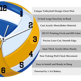 CIGERA 12 Inch Sports Themed Wall Clock with Volleyball Dial,Silent Clock Movement and Battery Operated,Great Decor for Home,Office,Bedroom and Nice Volleyball Enthusiasts Gifts
