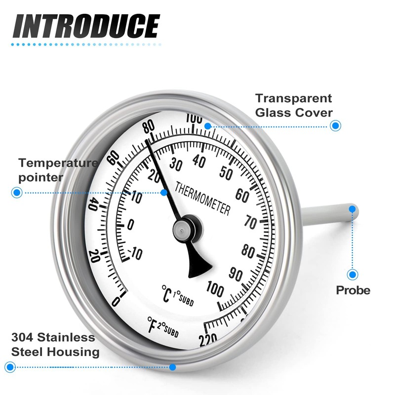 MEANLIN MEASURE 1/2" NPT Bimetal Thermometer, 3.3" Dial, 4.4" Stainless