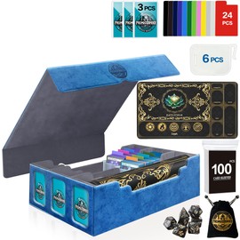 PROMAXIBINDER MTG Trading Card Storage Box with Playmat Fits 3000+ Cards, 3-Row Commander Deck Case, 3 Display Windows, 6 Movable Partitions, 24 Dividers, for Magic/TCG/YuGiOh/Sport (Blue&Grey)