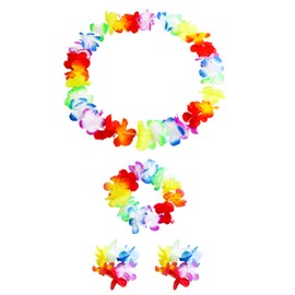 iwiio Hawaiian Garland, Flower Lei Necklace for Tropical Party Decorations, Hawaiian Fancy Dress Necklace Headbands And Wristbands, Hawaiian Beach Party Decorations for Adults Kids (A)