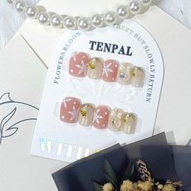 TENPAL Christmas Press on Nails Glitter White Pink Nails Press Ons with Snowflake Crystal Balls Pattern Acrylic Short Square Xmas Fake Nails with Handmade Cute Nails with Candy Sand Autumn Winter(S)