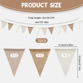 36PCS Vintage Burlap Bunting Banner, 12M Boho Hessian Bunting Reusable Beige Brown Linen Triangle Flag Pennant for Baby Shower Birthday Wedding Garden Party Outdoor Hanging Decor (Beige + Brown)