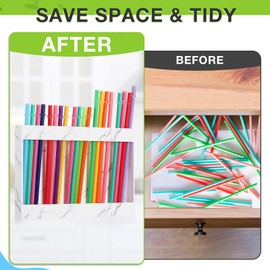 Qinyoung Acrylic Straw Holder for Cabinet Door with Double Sided Adhesive Tape Reusable Straw Organizer Tumbler Storage Kitchen Accessories Container for Counter Cupboard(Marble Texture,Large,White)