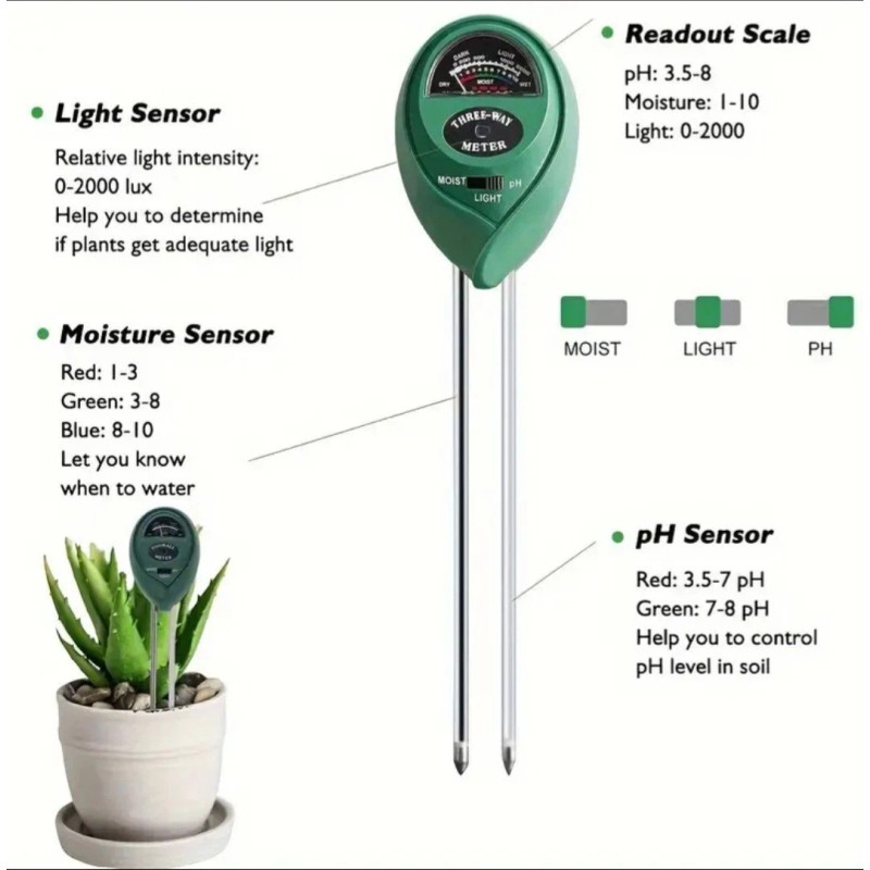 Generic 3-Way Soil Meter With Light Moisture & pH Levels