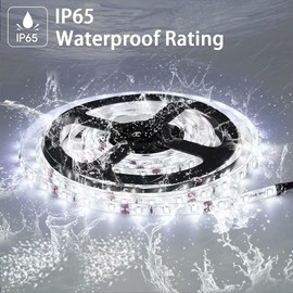 GUOTONG White LED Strip Lights, Waterproof cuttable 300 SMD 2835 LED Tape, 6000K 12V 16.4ft/5m Flexible Ribbon, Kitchen Cabinet Lighting, Outdoor/Indoor (No Power Supply)