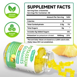 Potassium Citrate Gummies 1000mg, High Potency Potassium Supplement Gummies for Adults Women & Men, Support Leg Cramps & Muscle Health, Sugar-Free, Pineapple Flavor, 60 Count