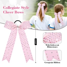 DEEKA 12 PCS Glitter Collegiate Style Cheer Bows Long Tail Skinny Shiny Cheer Bow Ponytail Holder Handmade Bows for Girls Teens Cheerleader Sports -Light Pink