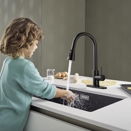 Kitchen Faucet with Pull Down Sprayer，Stainless Steel Single Handle Kitchen Faucet，1/3 Hole, Deck Plate Included，Suitable for farmhouses, Campers, Laundry Rooms, RVs, and Bars(Black)