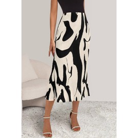 PRETTYGARDEN Women's Floral Casual Stretchy High Waisted Pencil Skirt Knee Length Pleated A-Line Plisse Midi Skirt Flared Hem (Beige, Medium)