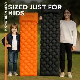 Kids Sleeping Pad for Camping and Sleepovers with Pillow, Inflatable Camping Mattress for Backpacking & Travel, Thick Toddler Cot Mat, Fast Inflating Sleeping Pads for Kids (Orange)