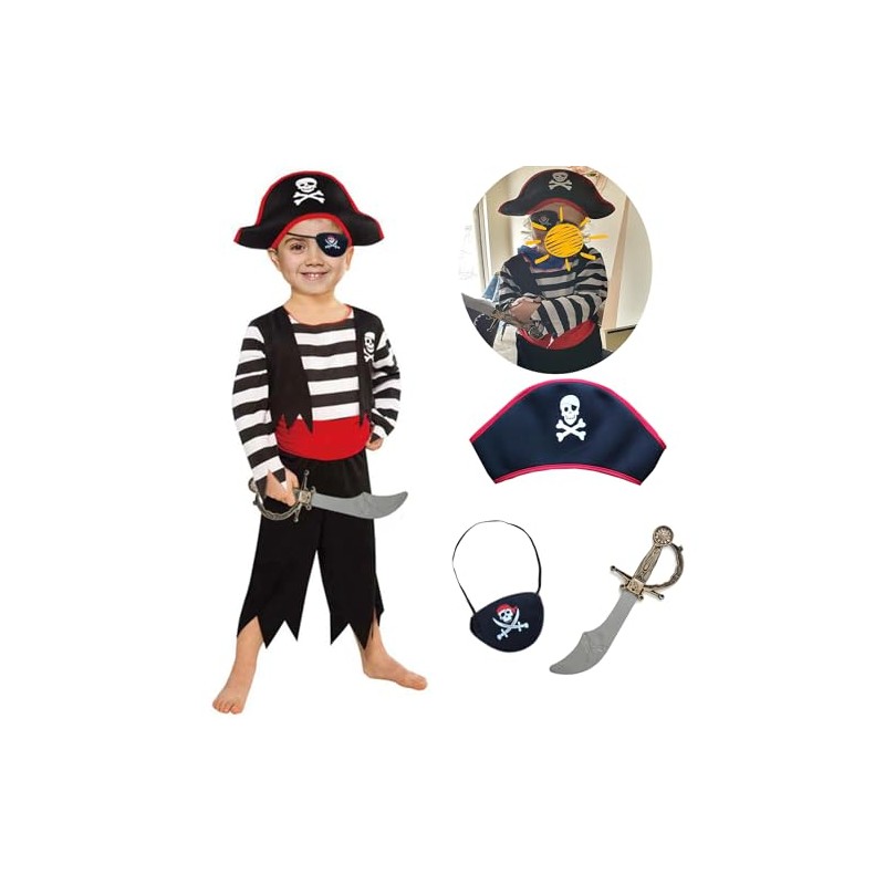 SPUNICOS Children's Pirate Costume with Pirate Hat,Eyepatch,Pirate Cutlass Kids Small(4-6)