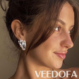 VEEDOFA Small Stack Silver Hoop Earrings for Women Thick Chunky Silver Earrings Non Tarnish for Women