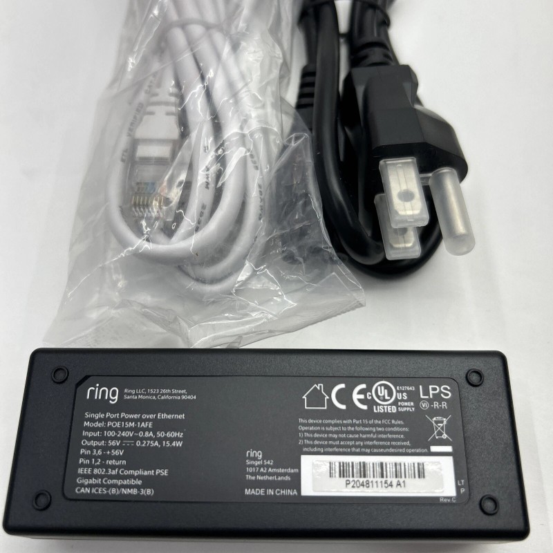 Ring PoE Injector Adapter for Ring POE15M-1AFE 56V 0.275A 15.4W
