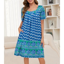 ETOSELL Nightgowns for Women with Pockets Short Sleeve House Dress Pleated Moo Moos Floral Print Lounge Mumu Dresses Blue