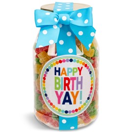 100 North Oh Sugar Sweets Happy Birth Yay - Rainbow Dot 10 Ounce Plastic Quart Jar Sour Sugar Sanded Gummy Bears