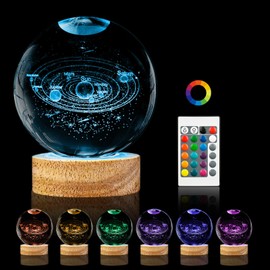 PYMIN3D 3D Solar System Crystal Ball Night Light,3.15in k9 Crystal Ball Lamp with 16 Colors Change,Wooden Base and Remote Control Decor Gifts for Kids (Solar System)