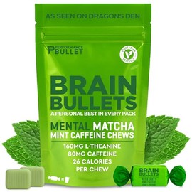 160mg L-Theanine + 80mg Caffeine Chews – Mint Matcha Flavour, Increases Productivity, Mental Clarity, Alertness | 1 Bag - 40 Servings | Brain Bullet | Energy Gum & Focus Gummy Upgrade