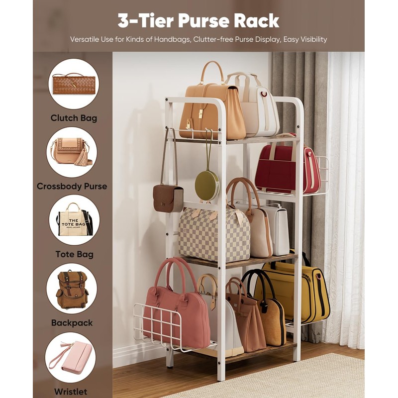 Tuohours 3-Tier Purse Organizer Rack, Iron & Wood Floor-Standing Bag