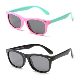 MAXJULI Polarized Kids Sunglasses for Girls and Boys with Fleaxible Frame Ages 3-10 2 Pack(Pink/Green+Matte Black)