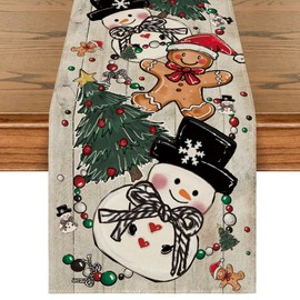 Artoid Mode Wood Snowman Gingerbread Xmas Pine Merry Christmas Table Runner, Seasonal Winter Kitchen Dining Table Decoration for Home Party Decor 13x72 Inch